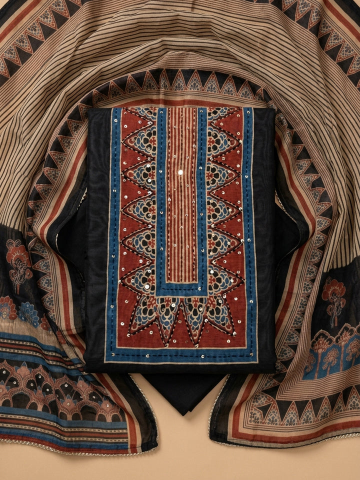 Black Printed Chanderi Unstitched Suit &amp; Pant With Chanderi Dupatta