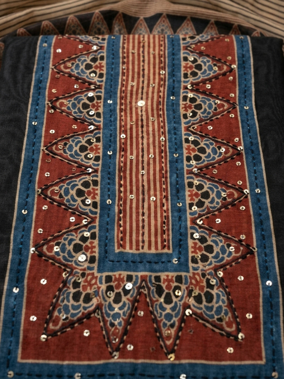 Black Printed Chanderi Unstitched Suit &amp; Pant With Chanderi Dupatta