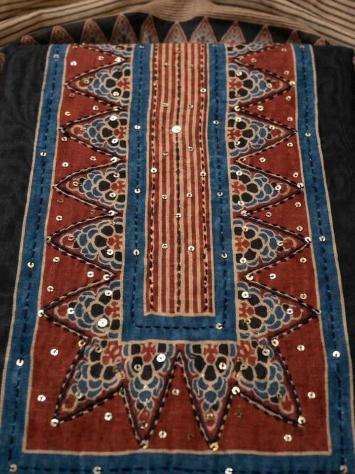 Black Printed Chanderi Unstitched Suit &amp; Pant With Chanderi Dupatta