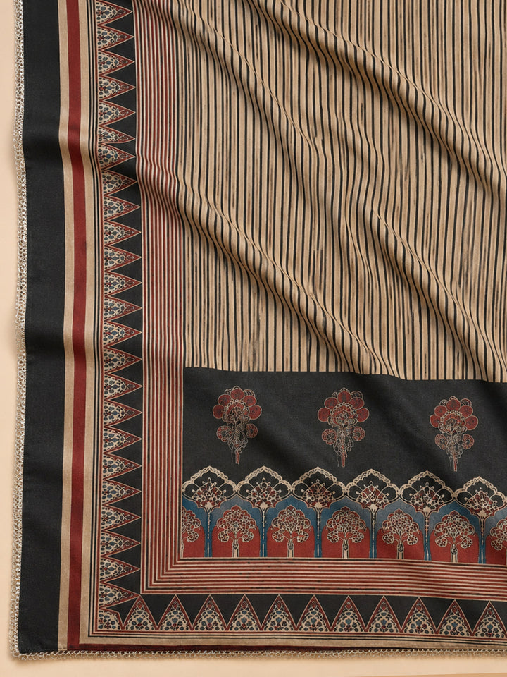 Black Printed Chanderi Unstitched Suit &amp; Pant With Chanderi Dupatta