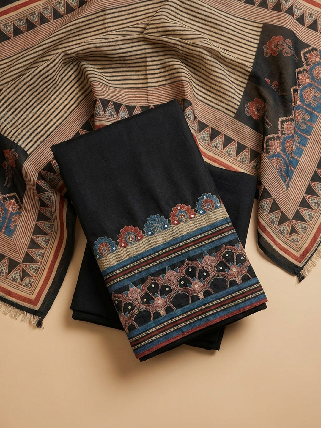 Black Printed Chanderi Unstitched Suit &amp; Pant With Chanderi Dupatta