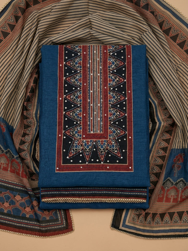 Blue Printed Chanderi Unstitched Suit &amp; Pant With Chanderi Dupatta