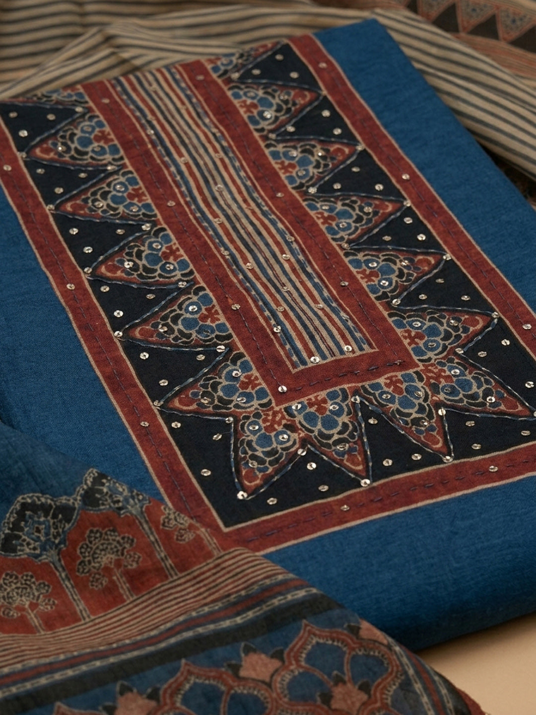 Blue Printed Chanderi Unstitched Suit &amp; Pant With Chanderi Dupatta