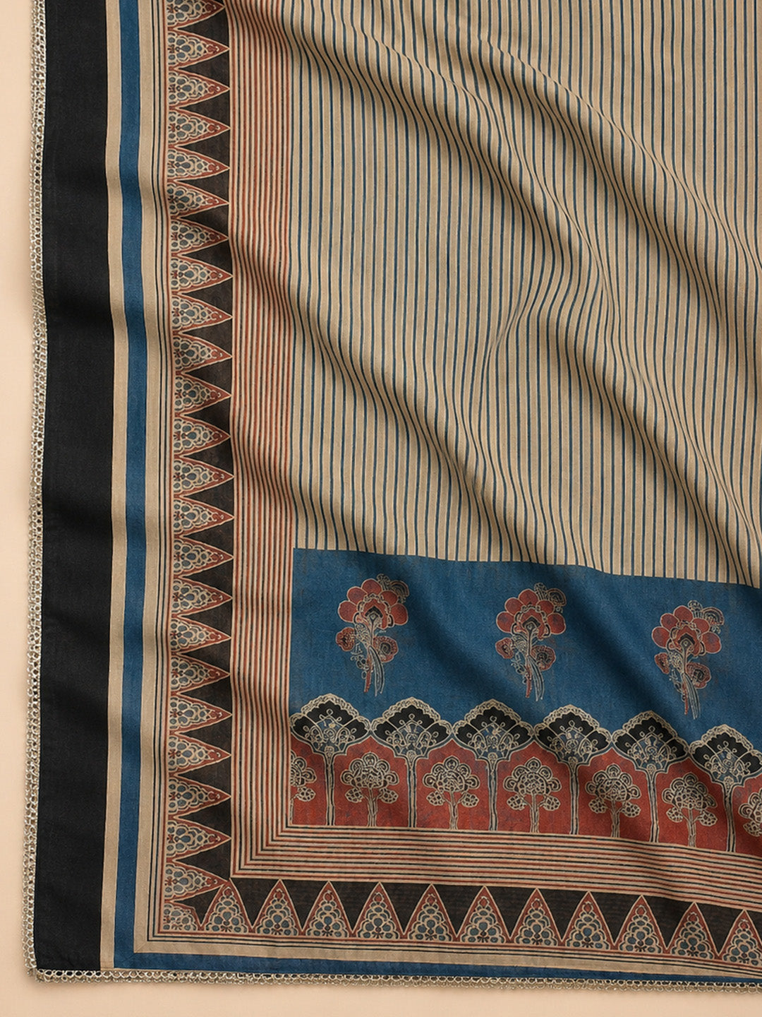 Blue Printed Chanderi Unstitched Suit &amp; Pant With Chanderi Dupatta