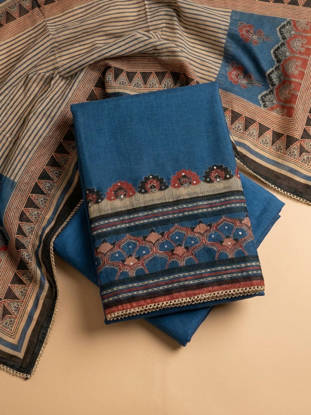 Blue Printed Chanderi Unstitched Suit &amp; Pant With Chanderi Dupatta
