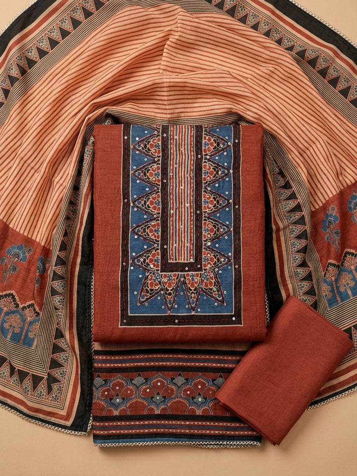 Maroon Printed Chanderi Unstitched Suit &amp; Pant With Chanderi Dupatta