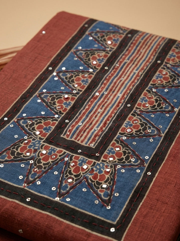 Maroon Printed Chanderi Unstitched Suit &amp; Pant With Chanderi Dupatta