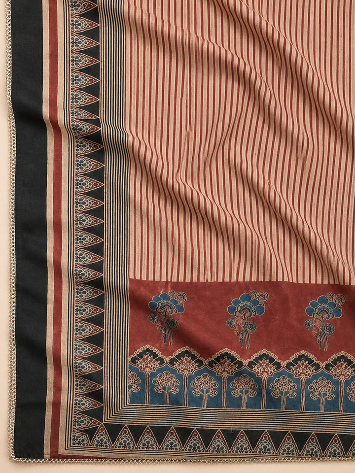 Maroon Printed Chanderi Unstitched Suit &amp; Pant With Chanderi Dupatta
