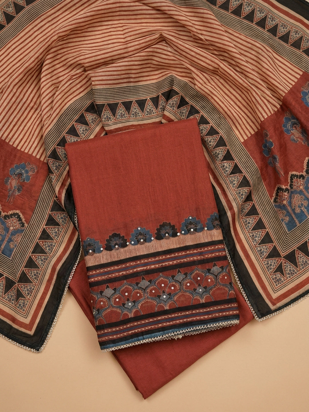 Maroon Printed Chanderi Unstitched Suit &amp; Pant With Chanderi Dupatta