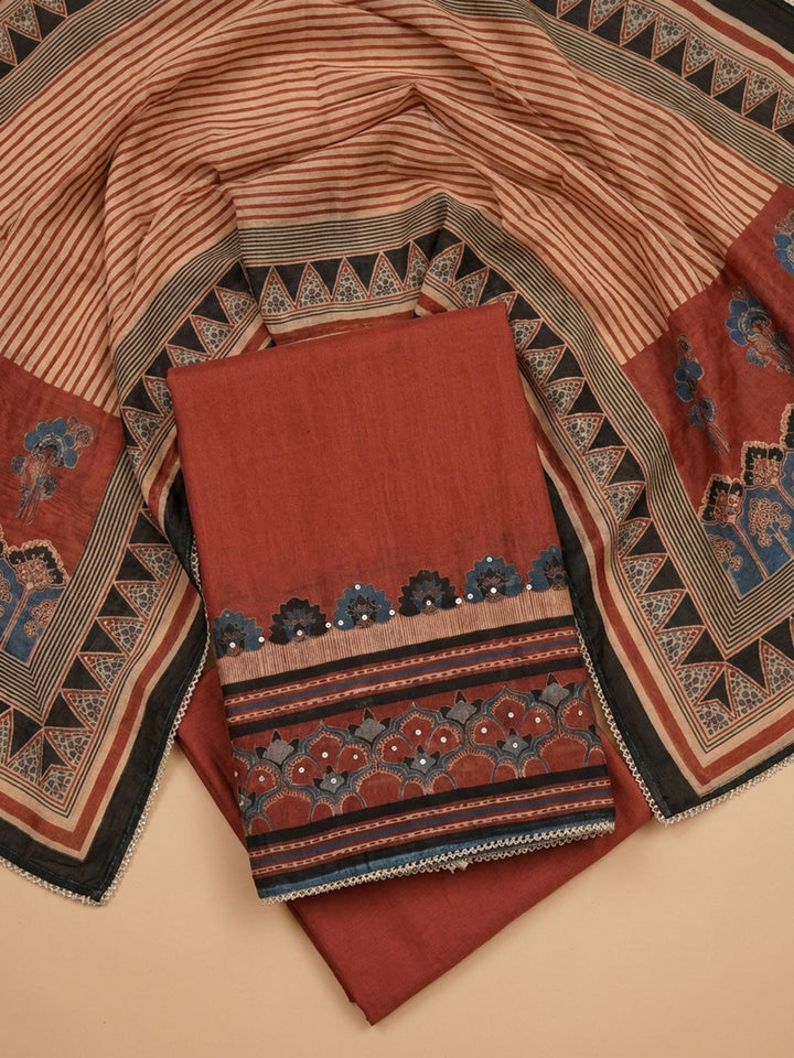Maroon Printed Chanderi Unstitched Suit &amp; Pant With Chanderi Dupatta