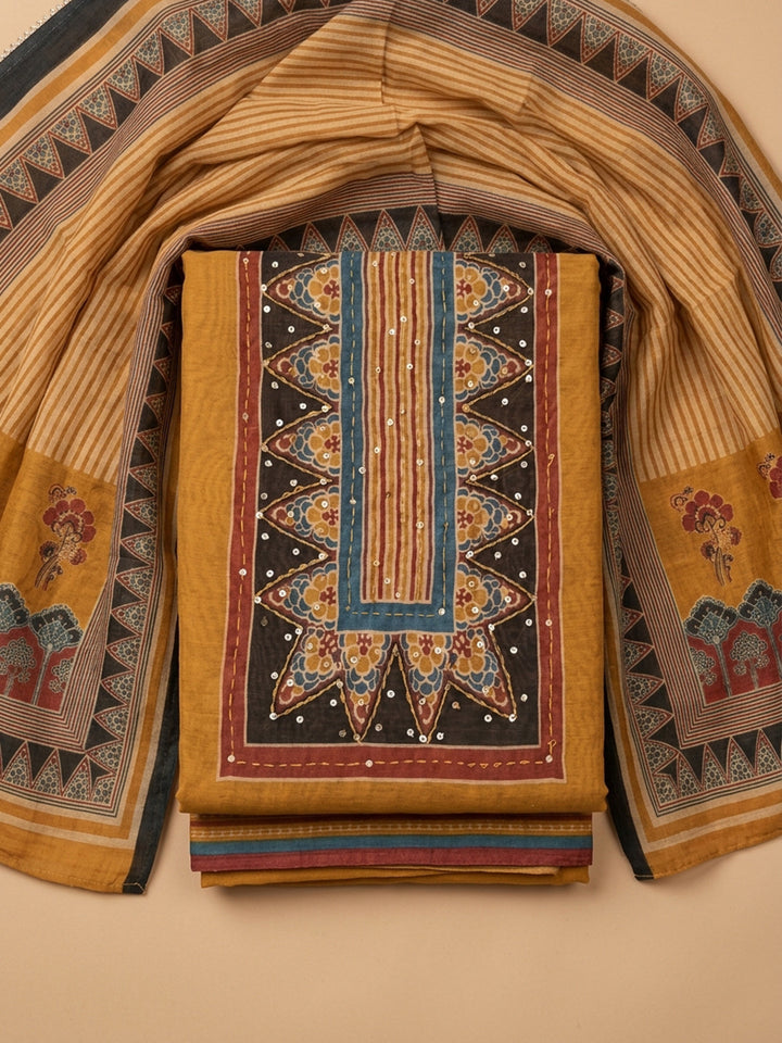 Mustard Printed Chanderi Unstitched Suit &amp; Pant With Chanderi Dupatta