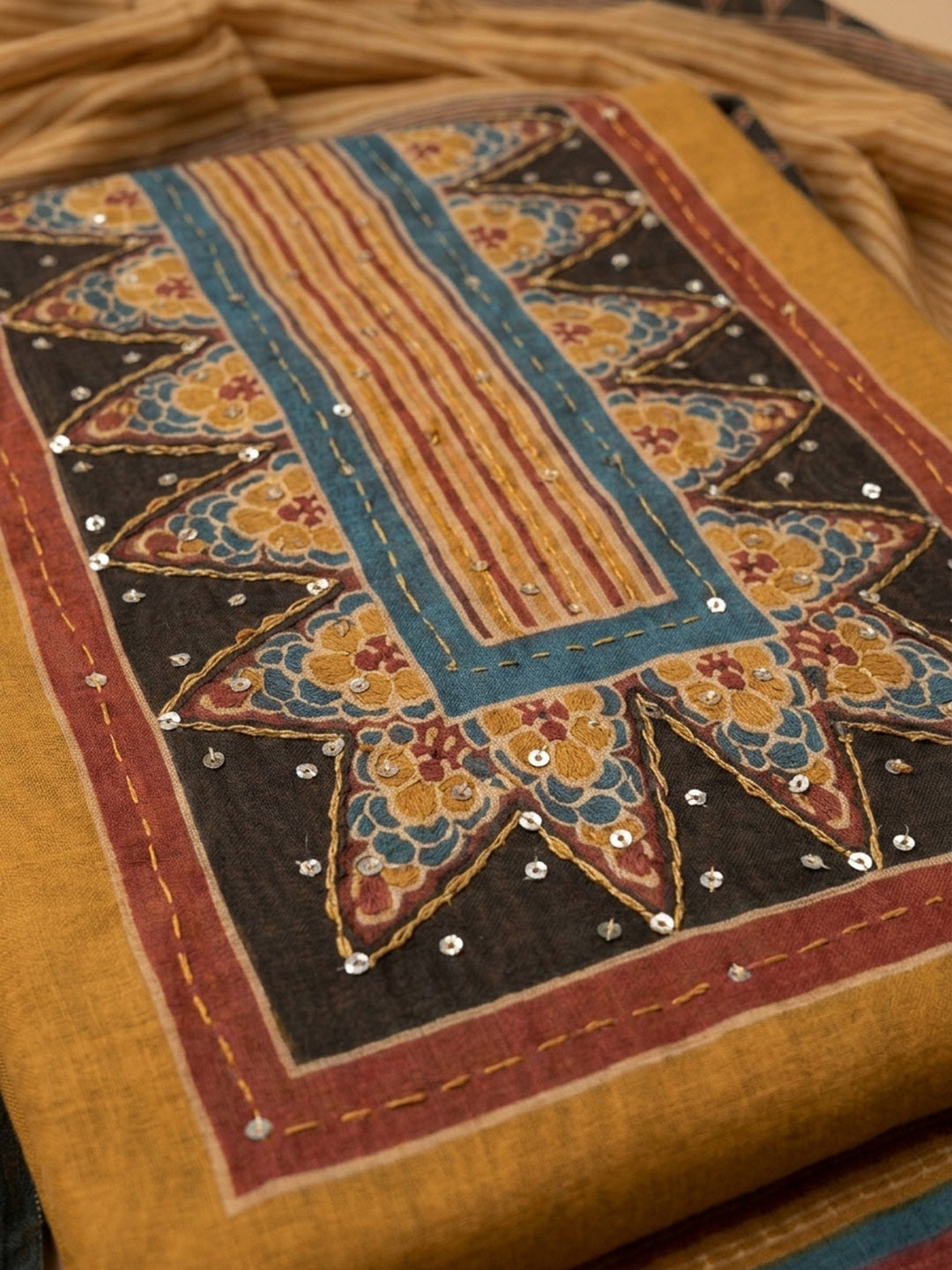 Mustard Printed Chanderi Unstitched Suit &amp; Pant With Chanderi Dupatta