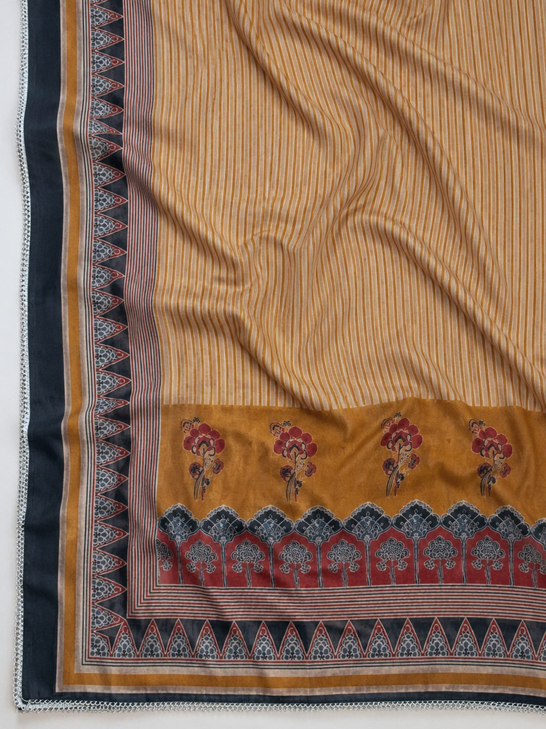 Mustard Printed Chanderi Unstitched Suit &amp; Pant With Chanderi Dupatta