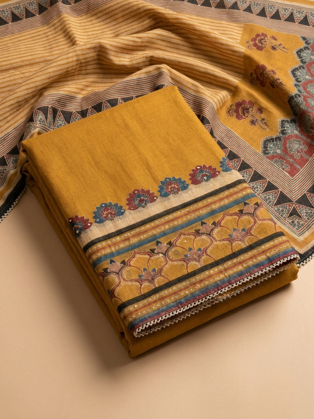 Mustard Printed Chanderi Unstitched Suit &amp; Pant With Chanderi Dupatta