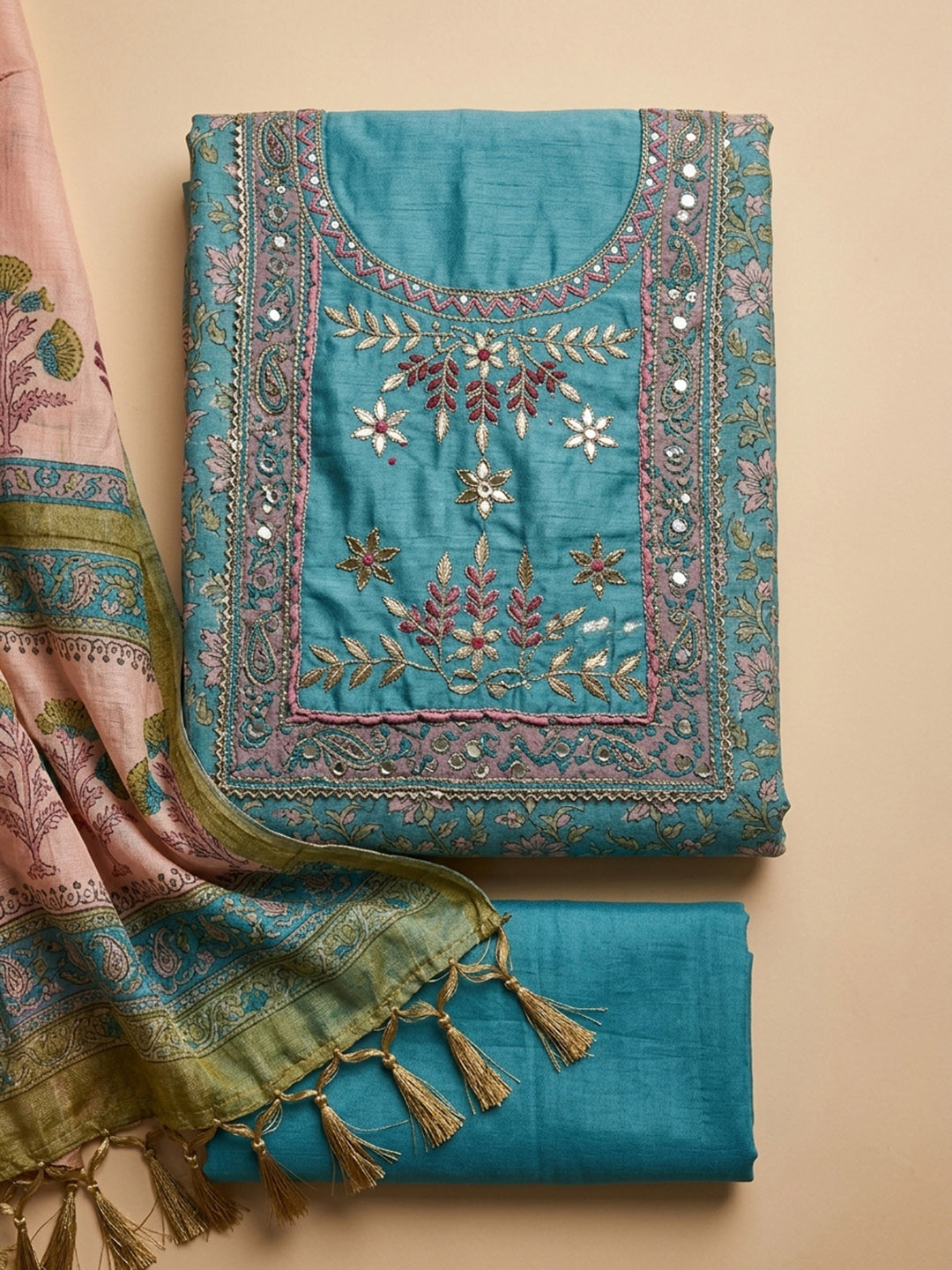 Blue Printed Chanderi Unstitched Dress Material