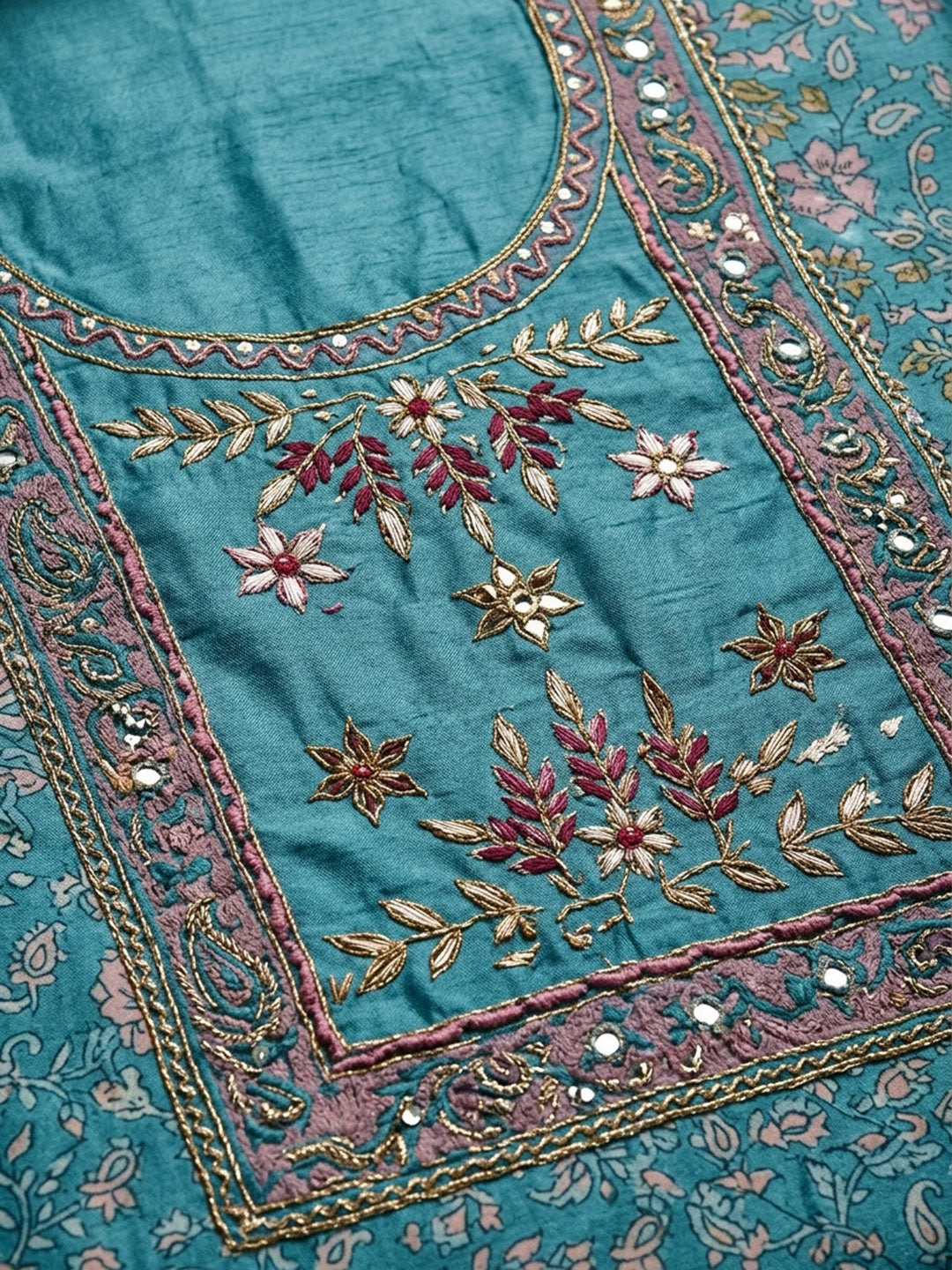 Blue Printed Chanderi Unstitched Dress Material