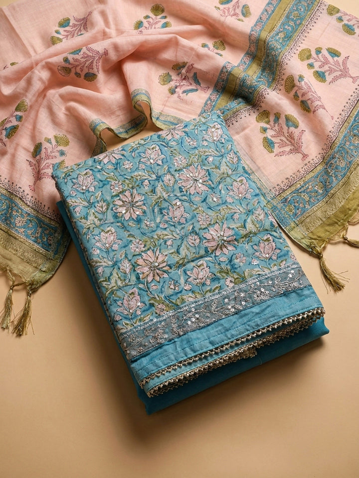 Blue Printed Chanderi Unstitched Dress Material