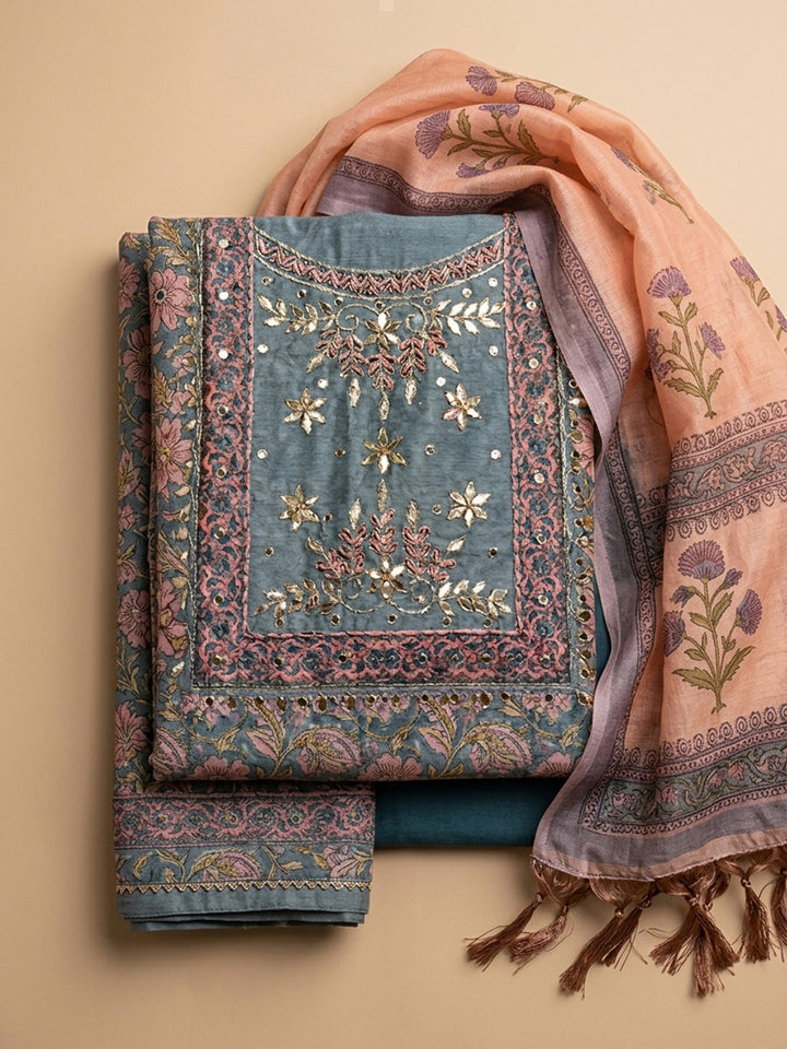 Grey Printed Chanderi Unstitched Dress Material
