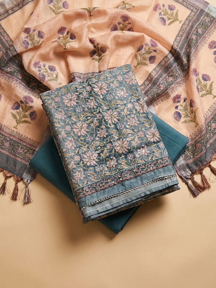 Grey Printed Chanderi Unstitched Dress Material