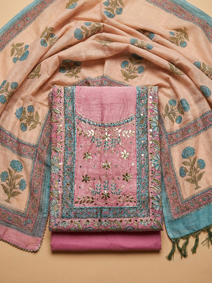 Onion Pink Printed Chanderi Unstitched Dress Material