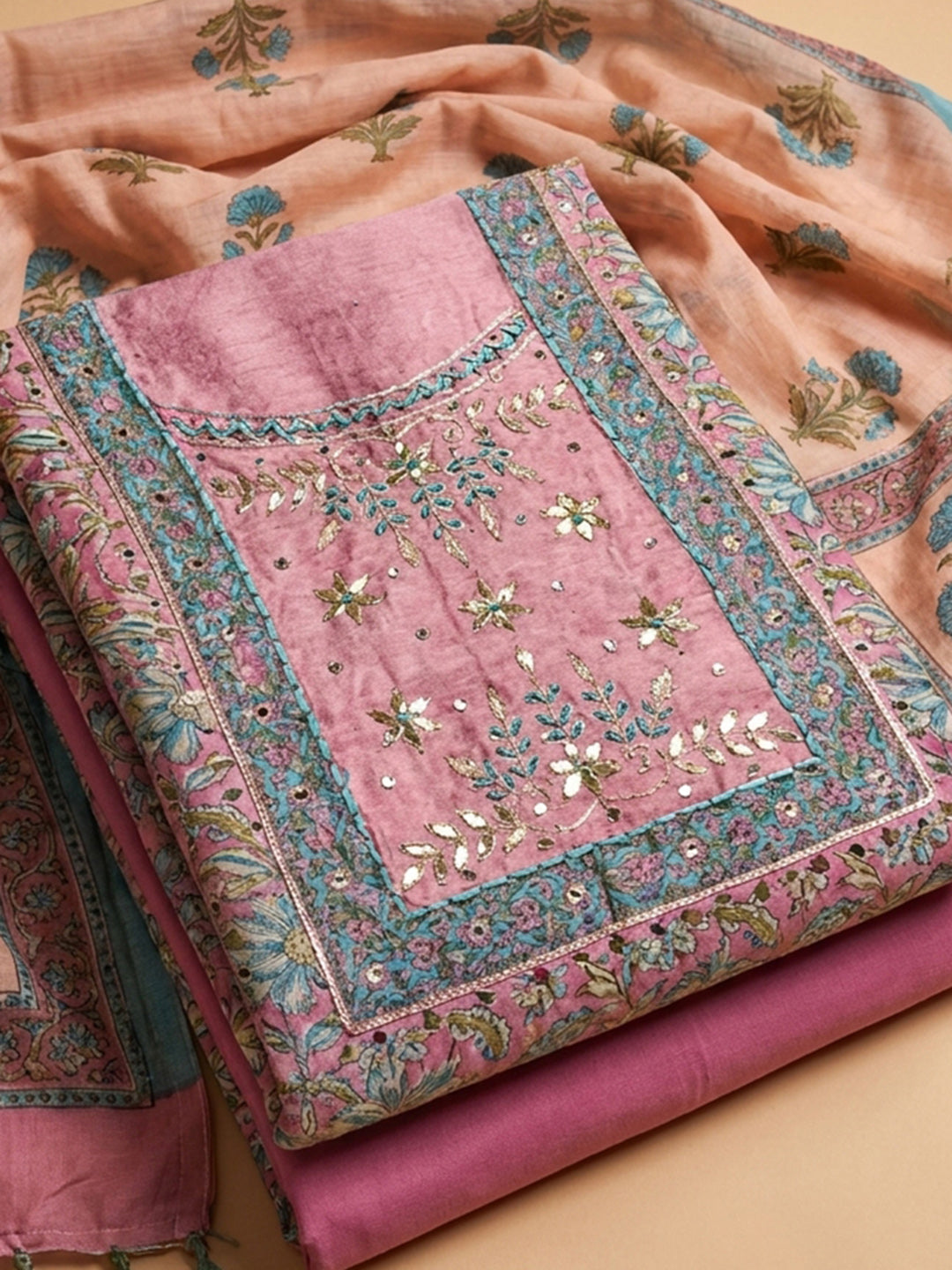 Onion Pink Printed Chanderi Unstitched Dress Material