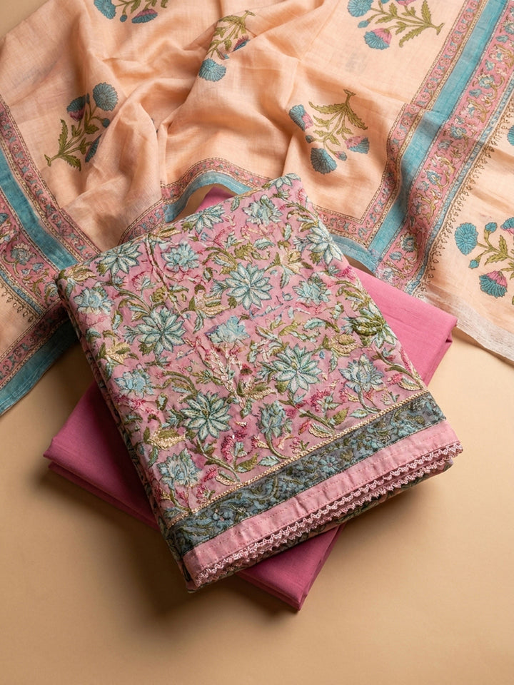 Onion Pink Printed Chanderi Unstitched Dress Material