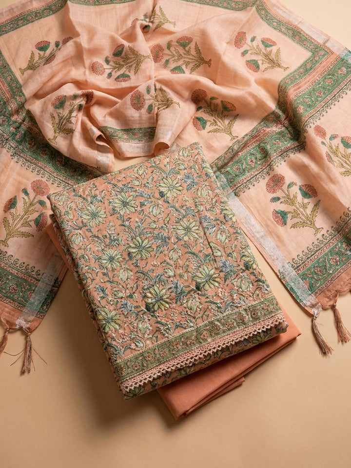 Peach Printed Chanderi Unstitched Dress Material