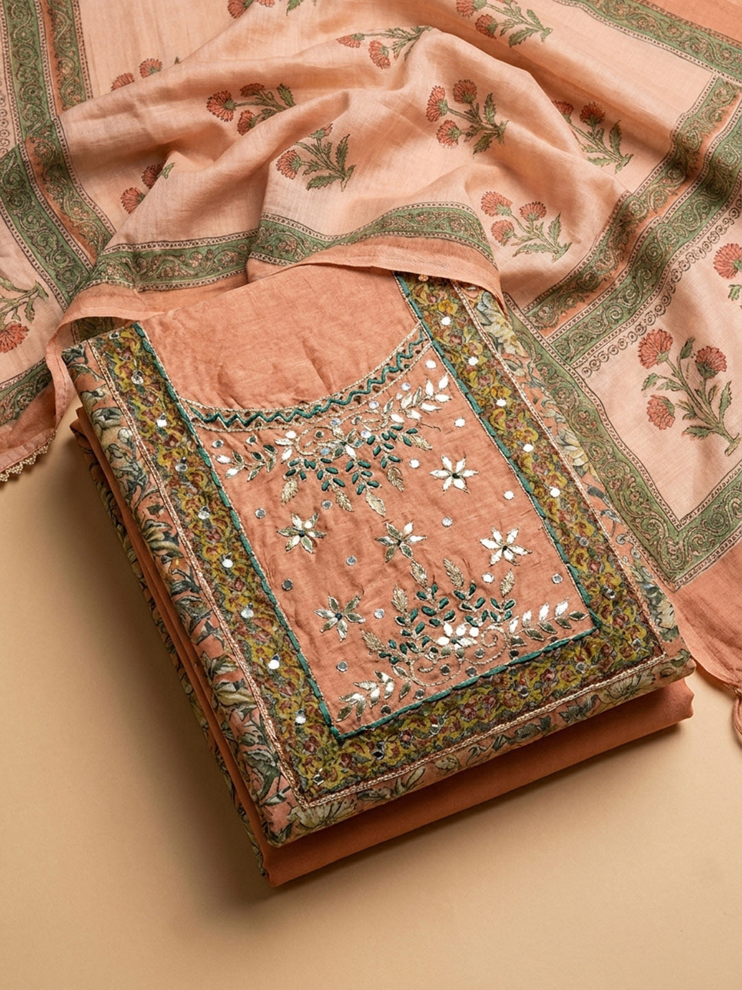 Peach Printed Chanderi Unstitched Dress Material