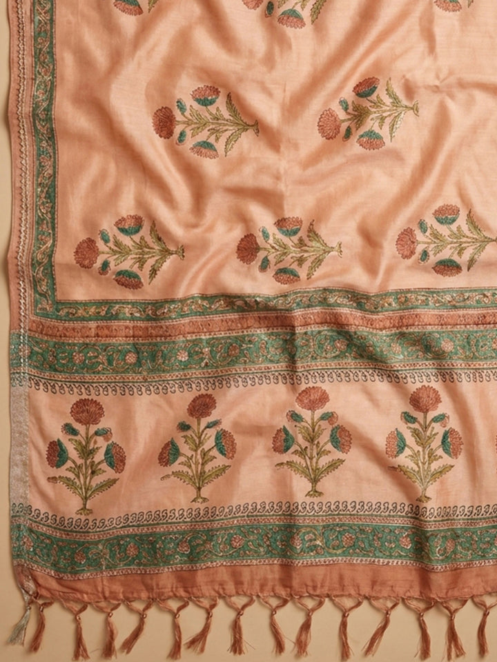 Peach Printed Chanderi Unstitched Dress Material