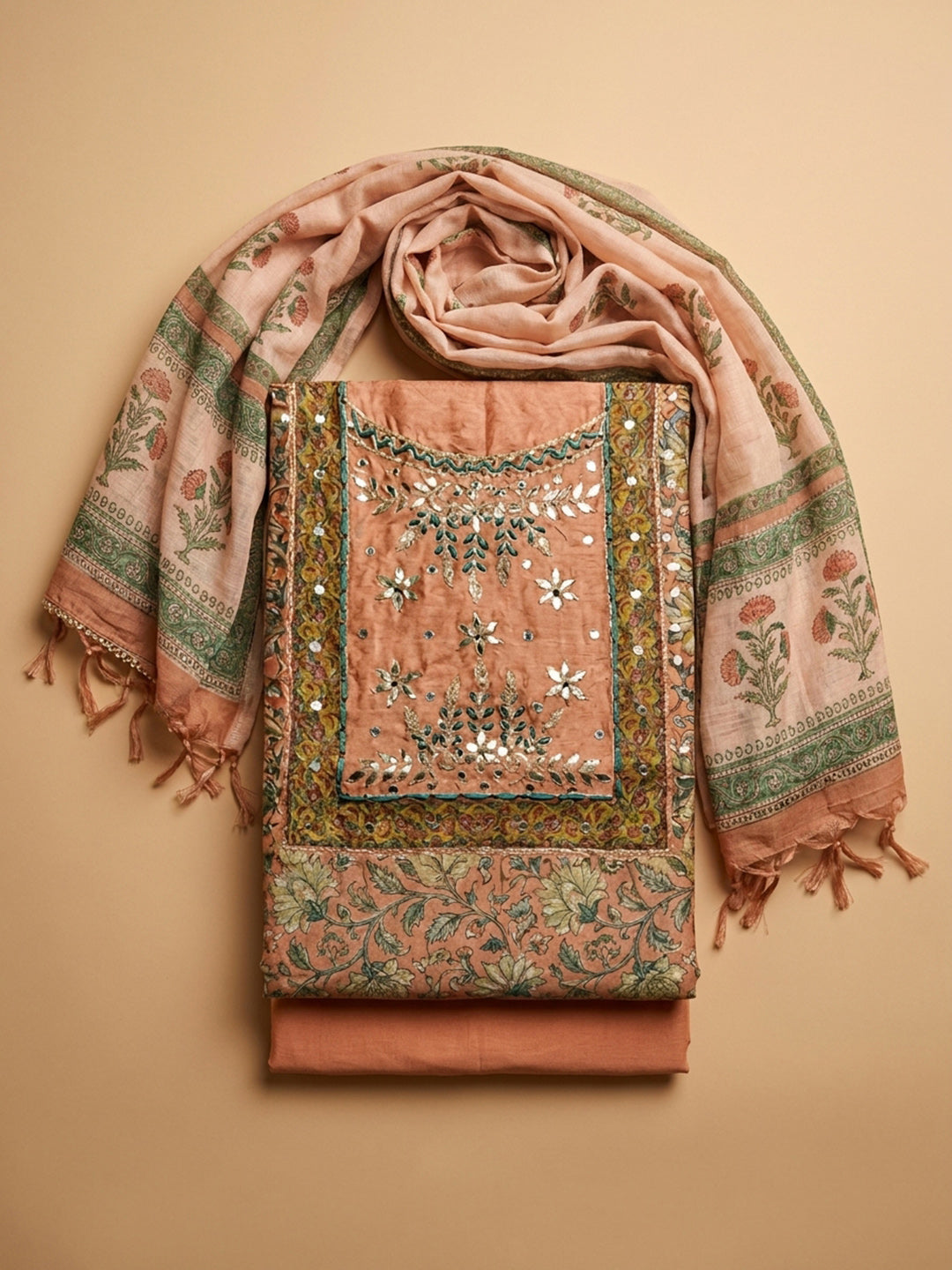 Peach Printed Chanderi Unstitched Dress Material