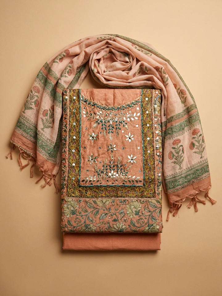 Peach Printed Chanderi Unstitched Dress Material