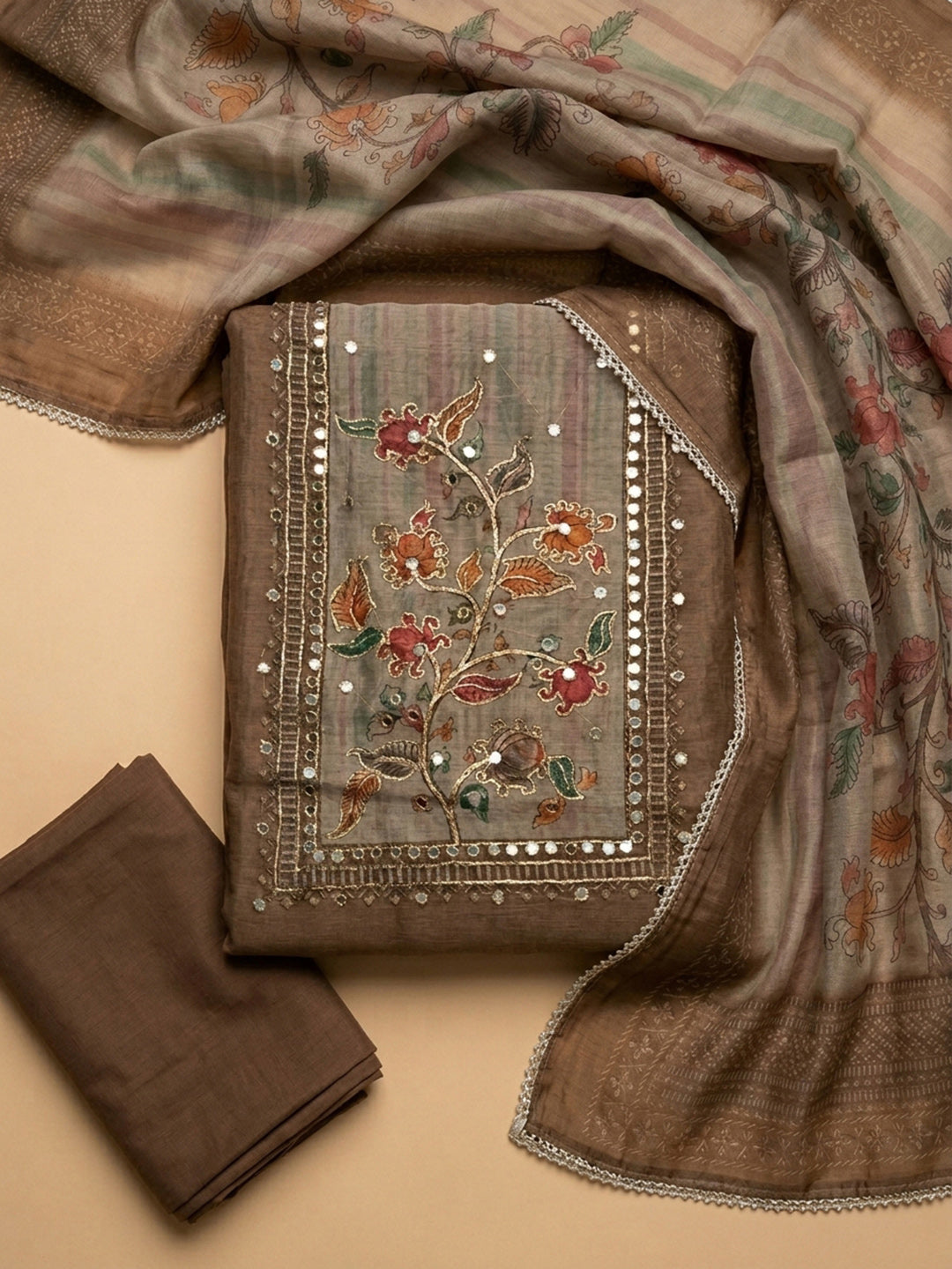 Brown Printed Linen Blend Unstitched Dress Material