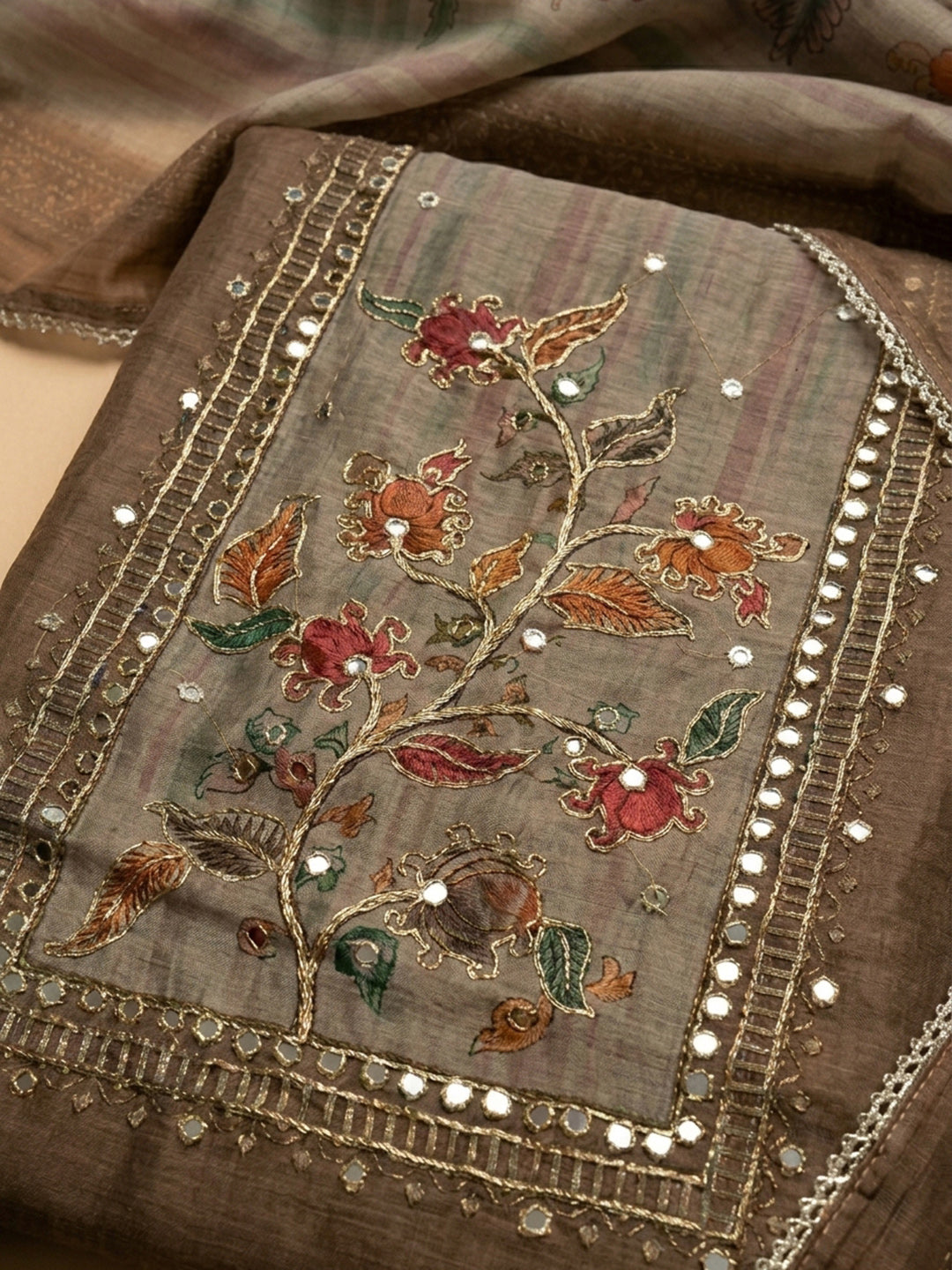 Brown Printed Linen Blend Unstitched Dress Material