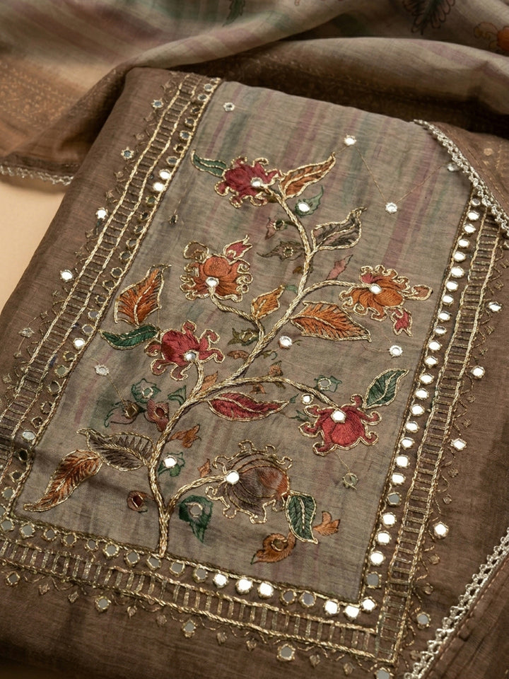 Brown Printed Linen Blend Unstitched Dress Material
