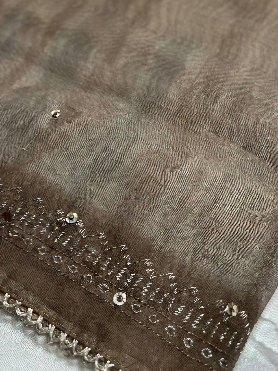 Brown Printed Linen Blend Unstitched Dress Material
