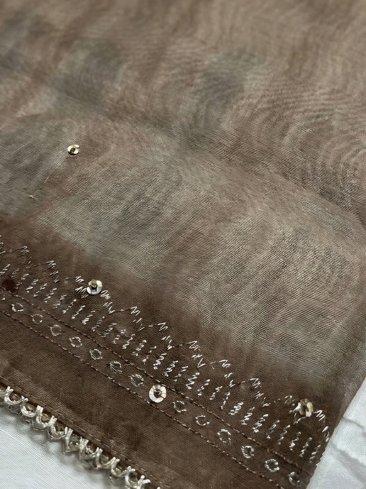 Brown Printed Linen Blend Unstitched Dress Material