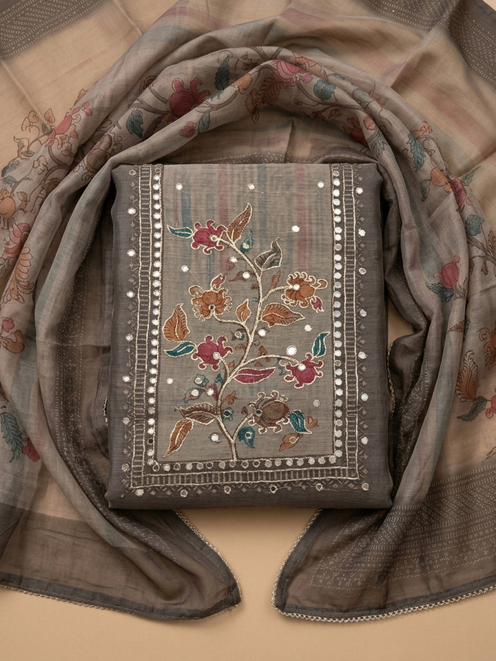 Grey Printed Linen Blend Unstitched Dress Material