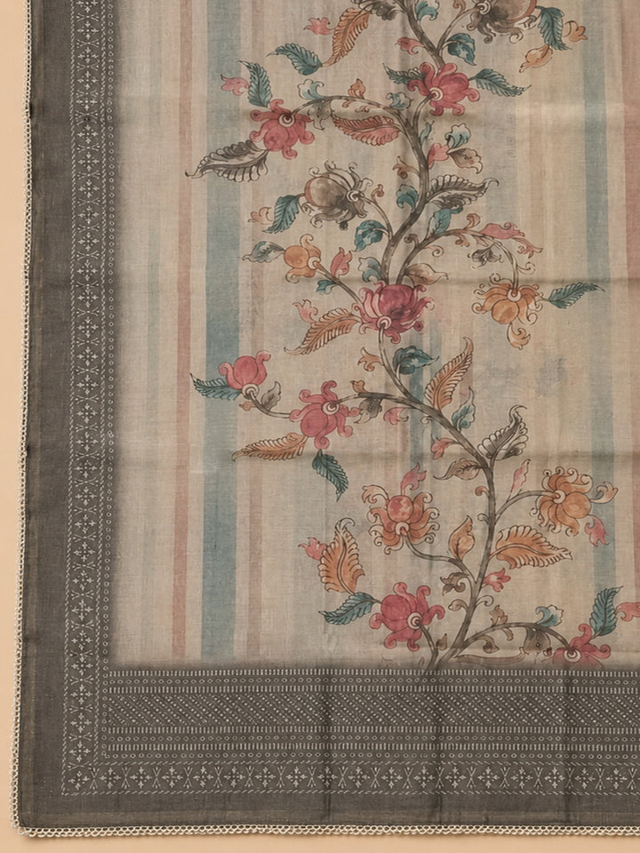 Grey Printed Linen Blend Unstitched Dress Material
