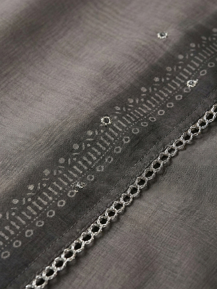 Grey Printed Linen Blend Unstitched Dress Material