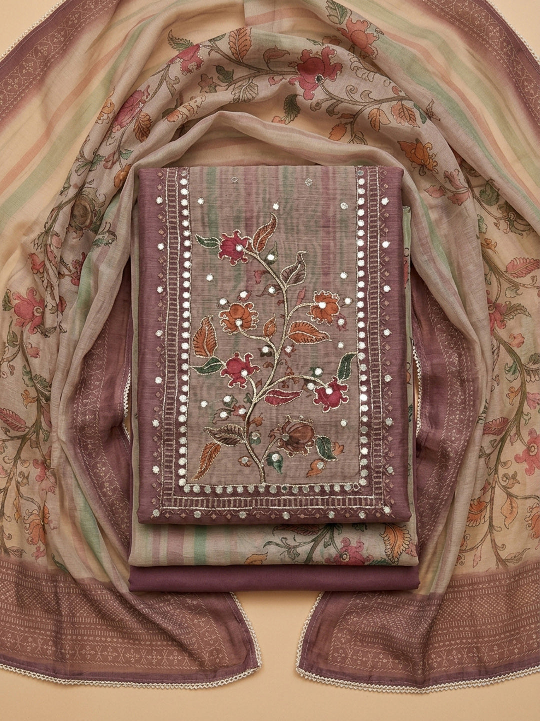 Onion Pink Printed Linen Blend Unstitched Dress Material