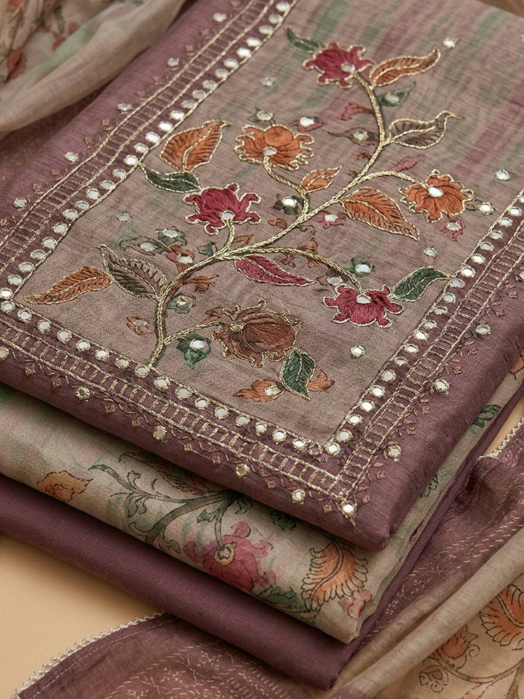 Onion Pink Printed Linen Blend Unstitched Dress Material