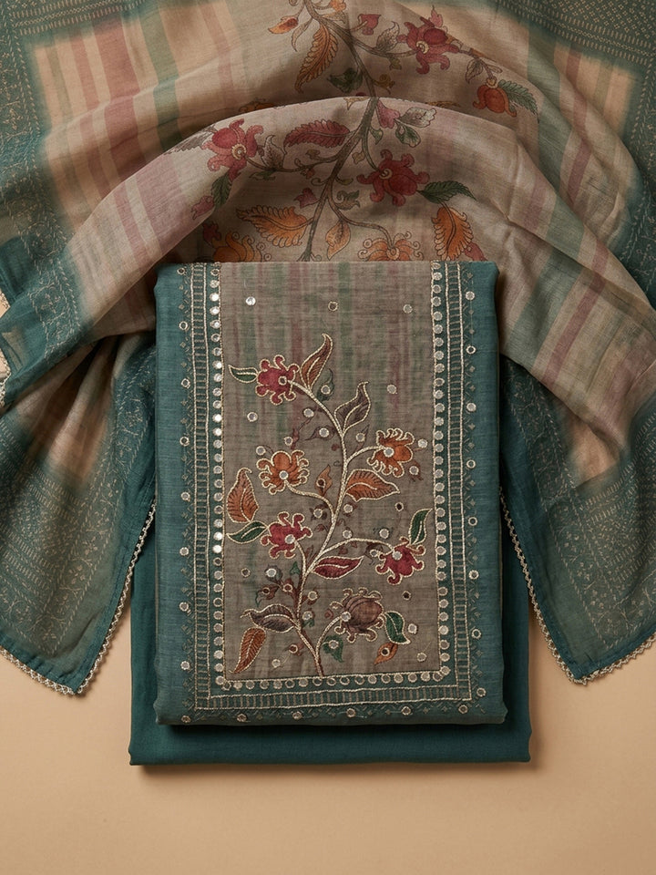 Rama Green Printed Linen Blend Unstitched Dress Material