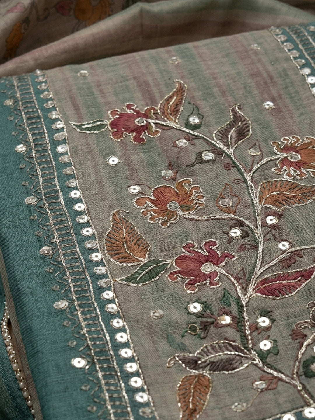Rama Green Printed Linen Blend Unstitched Dress Material