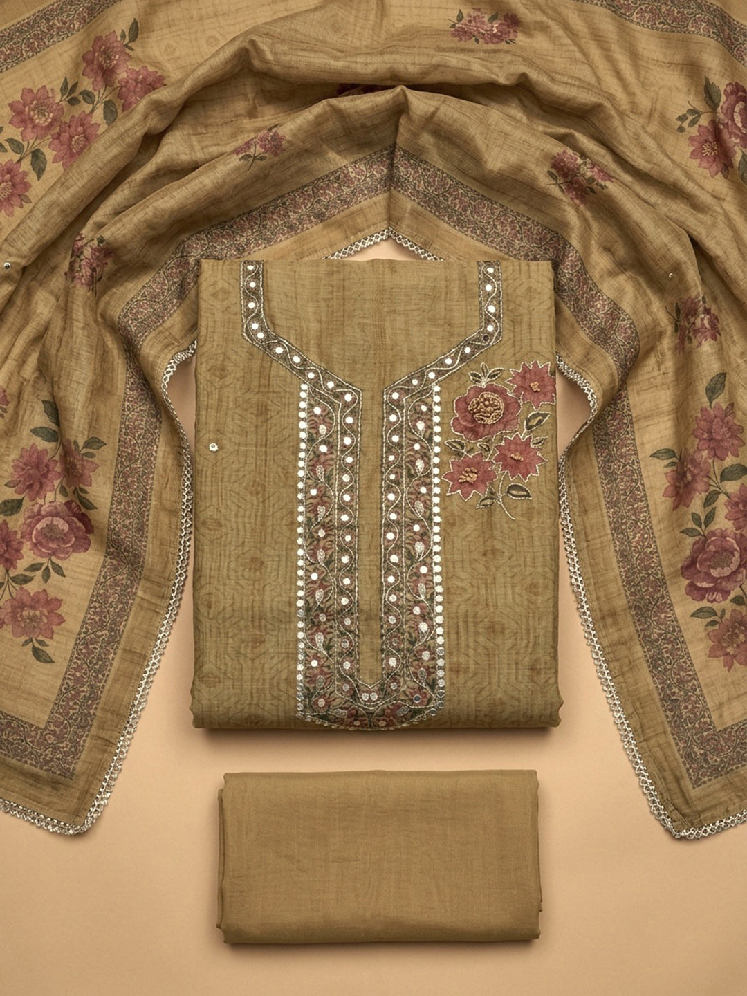 Beige Embroidery Chanderi Unstitched Dress Material