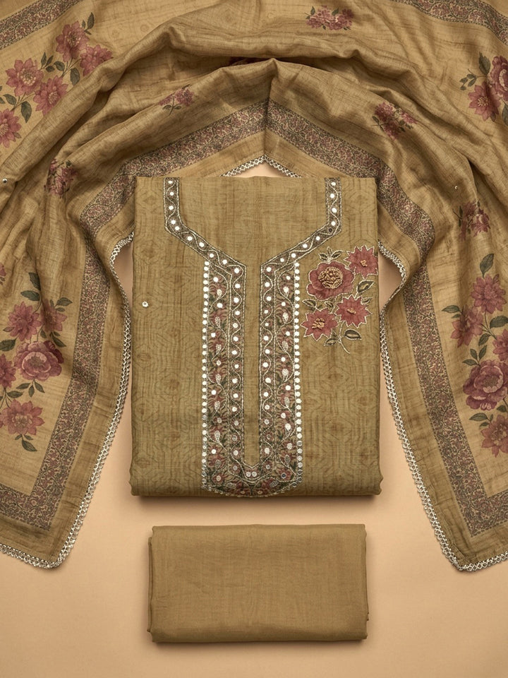 Beige Embroidery Chanderi Unstitched Dress Material