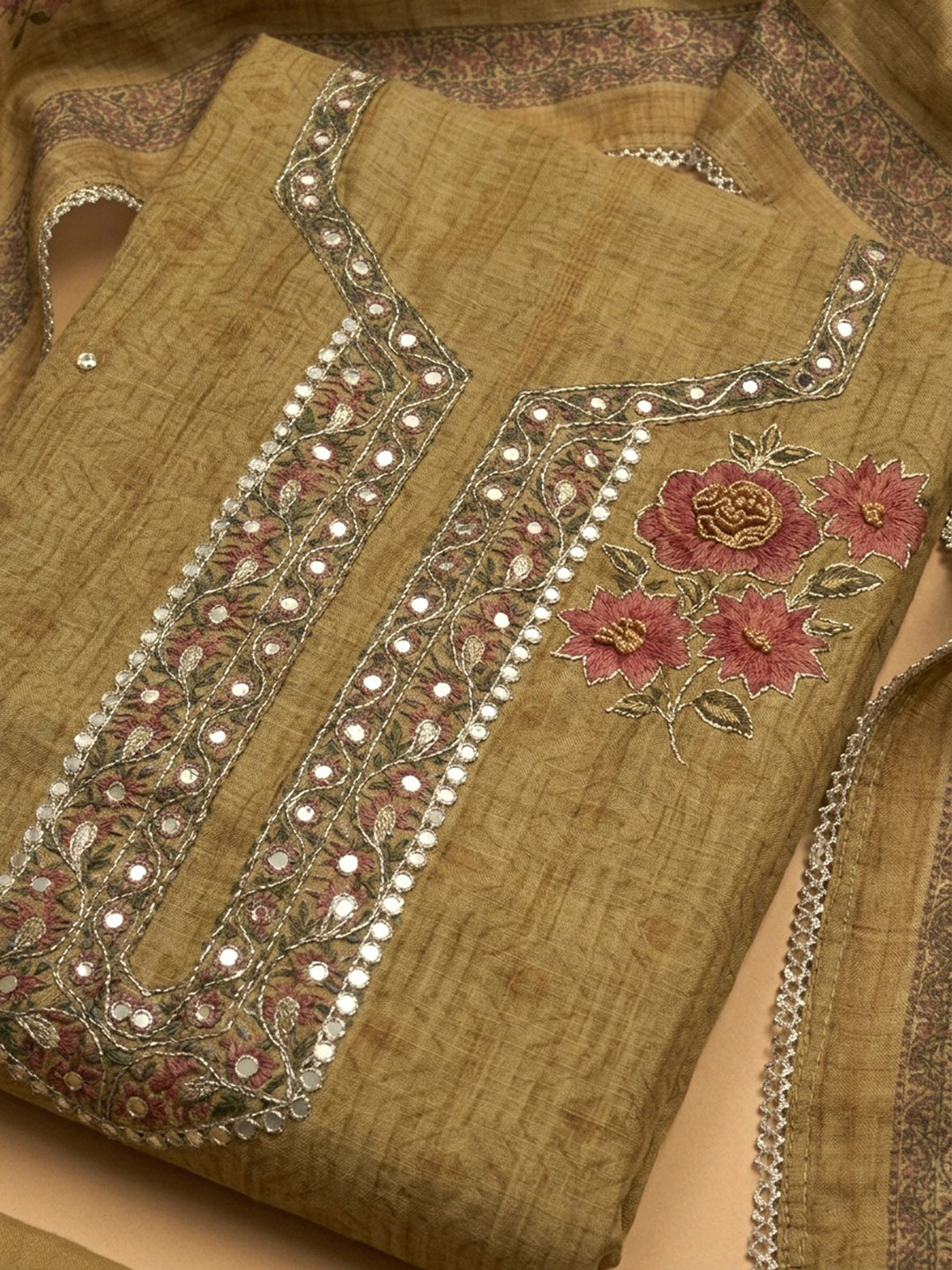 Beige Embroidery Chanderi Unstitched Dress Material