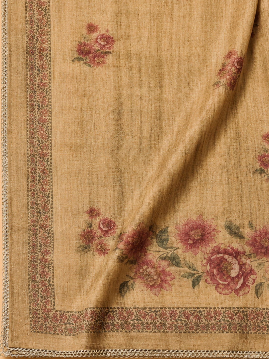 Beige Embroidery Chanderi Unstitched Dress Material