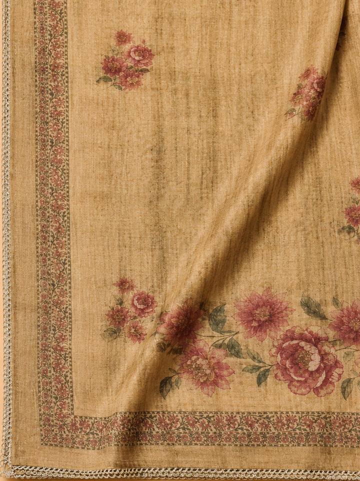Beige Embroidery Chanderi Unstitched Dress Material