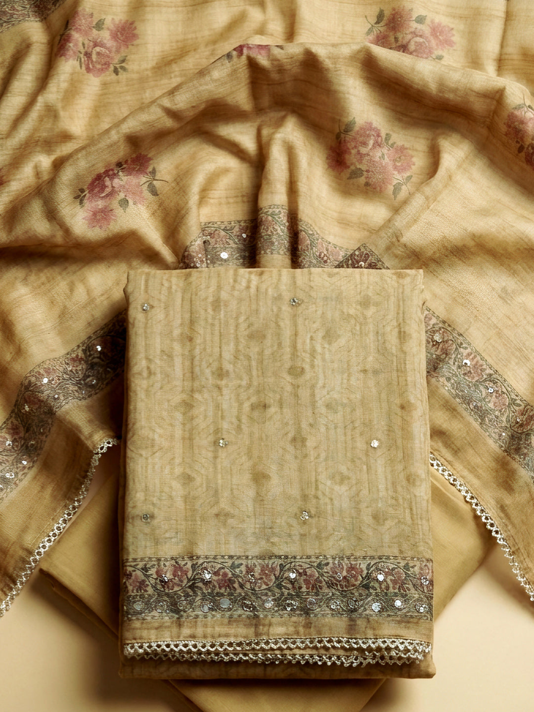 Beige Embroidery Chanderi Unstitched Dress Material