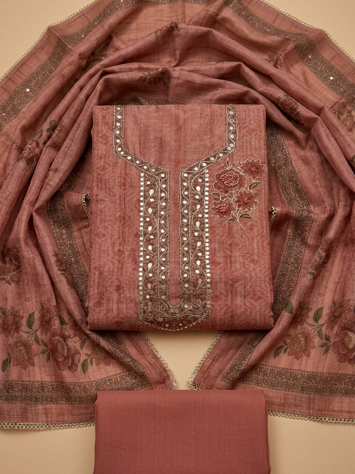 Peach Embroidery Chanderi Unstitched Dress Material
